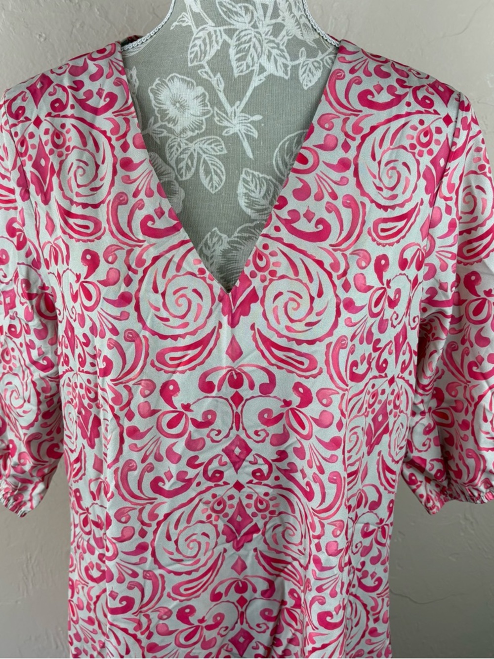 NWT Noracora Coral Pink Printed Maxi Dress Elbow Length Short Sleeves Size Large - Picture 2 of 12